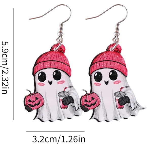 Ghost Holding Pumpkin and Drink Earrings NIP - Picture 4 of 6
